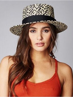 NWT Brixton Two Tone Autumn Raffia Boater Hat, Black & Cream – Medium (7.25”)